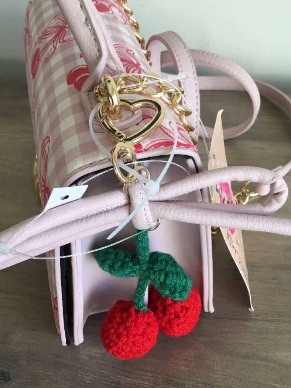 “Luv Betsey” Betsey Johnson Cherry Gingham Satchel Crossbody Handbag w/Cherries - Picture 5 of 8